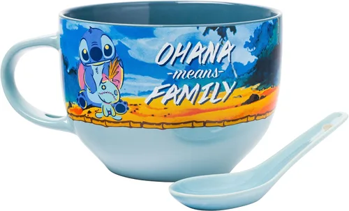 Silver Buffalo Lilo and Stitch With Scrump Ohana Means Family - Juego de cucharas de cerámica para sopa, 24 onzas Lilo & Stitch: Ohana Means Family