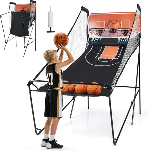 Miniatura 11 de Goplus Juego de Arcade de Baloncesto Plegable de Doble Tiro, Juego de Aro de Baloncesto con Puntuación Electrónica, 8 Modos de Juego, 4 Pelotas