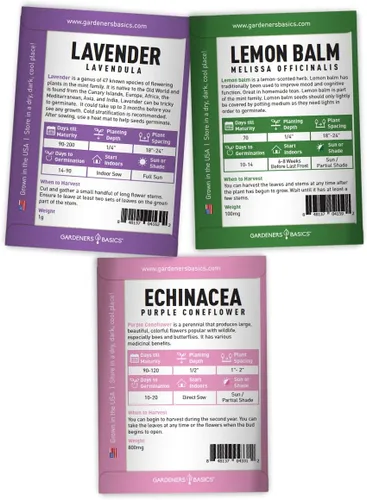 Miniatura 2 de Gardeners Basics, Semillas de té de hierbas para plantar en interiores y exteriores, 5 paquetes variados de equinácea, menta, lavanda, manzanilla