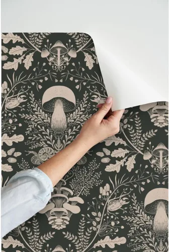 Miniatura 3 de Papel tapiz para despegar y pegar, diseño de damasco de bosque de hongos, verde oscuro, bosque, caracol, helecho, bellota, papel tapiz extraíble