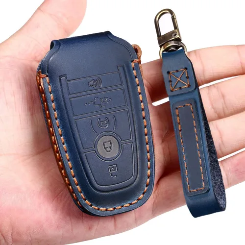 Miniatura 12 de Funda de cuero para llave de auto para Ford F-150 Mustang, llave inteligente con mando a distancia, funda de 5 botones, color negro