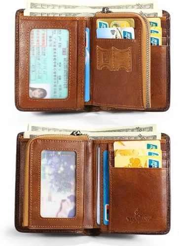 Miniatura 3 de Billetera para hombre con cremallera de cuero genuino RFID tarjeteros de piel de vaca con cremallera bolsillo para monedas, carteras plegables