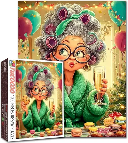 Miniatura 16 de Rompecabezas de mujer vieja de 1000 piezas para adultos, familias (niña, dama, pizza, naipe, vino tinto, amigas) piezas que encajan perfectamente