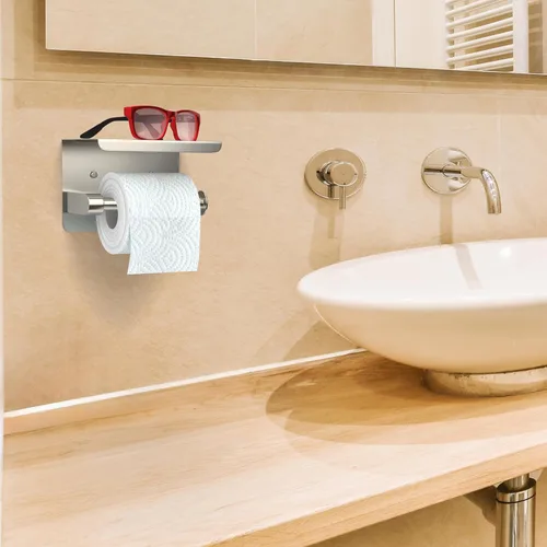 Miniatura 5 de Soporte de papel higiénico de níquel cepillado con estante, montaje en pared de acero inoxidable SUS304, adhesivo de doble instalación o tornillo