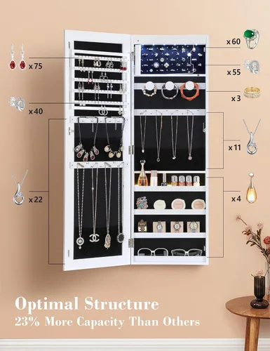 Miniatura 3 de Nicetree Armario de joyería con espejo de 6 LED, organizador de joyas con cerradura de gran capacidad, espejo montado en puerta o pared