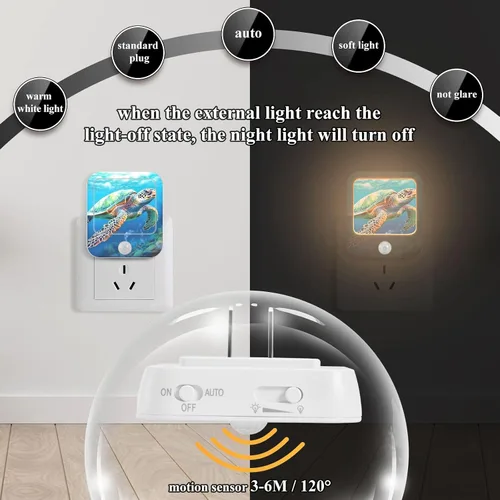 Miniatura 5 de Luces nocturnas de pared, paquete de 2 luces de noche LED de tortuga marina de color (2) sensor de atardecer a amanecer, brillo ajustable