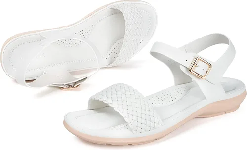 Miniatura 7 de Intini Sandalias planas de gladiador con correa de tobillo para mujer, Blanco-2