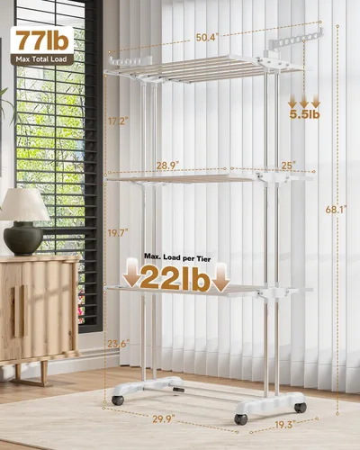 Miniatura 9 de Bigzzia Tendedero plegable de 4 niveles para ropa, ropa, caballos, estante de secado de lavandería de acero inoxidable (gris blanco, 4 niveles)