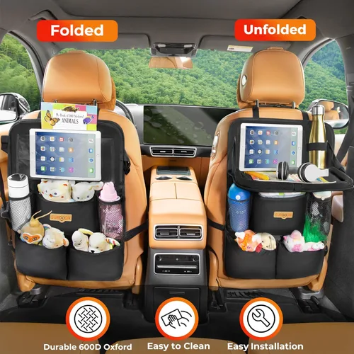 Miniatura 3 de SURDOCA Organizador de asiento trasero de coche con bandeja plegable para niños y adultos – NUEVO MODELO Almacenamiento de asiento con bolsillo