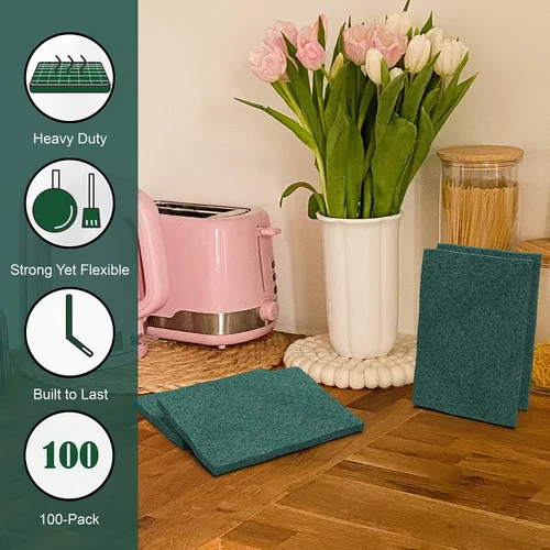 Miniatura 5 de Paquete de 100 estropajos resistentes, almohadillas verdes para fregar, 3 x 4 pulgadas Almohadillas reutilizables para limpieza, no rayan