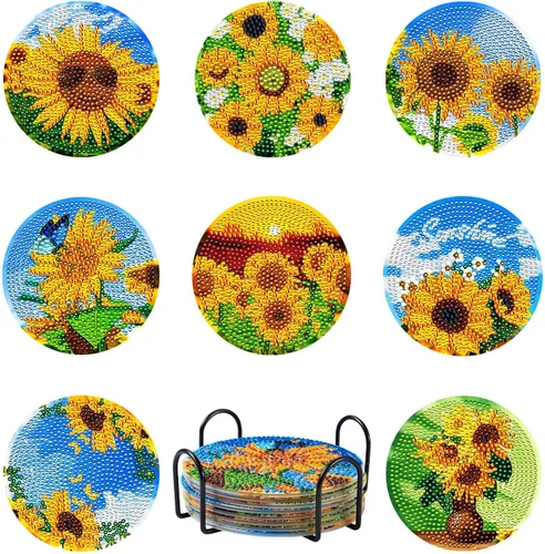 Cheriswelry 8 posavasos de girasol para bricolaje, diseño de flores, diamantes con soporte 5D, kit de alfombrilla de pintura de diamantes para