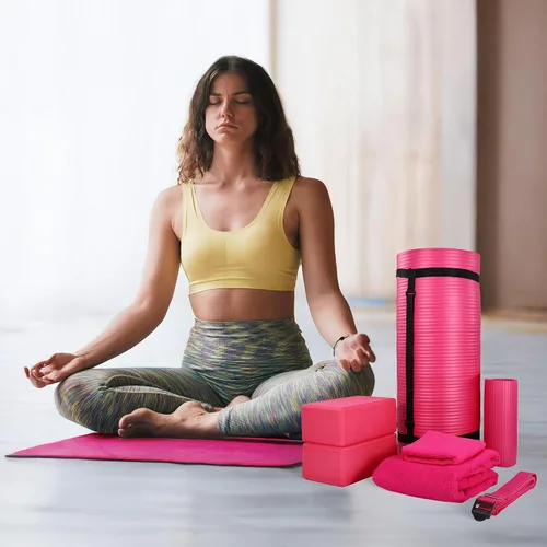 Miniatura 6 de BalanceFrom Juego de yoga de 7 piezas con esterilla extra gruesa de 71 x 24 x 1 pulgadas y correa de transporte – Incluye 2 bloques, correa de Rosado