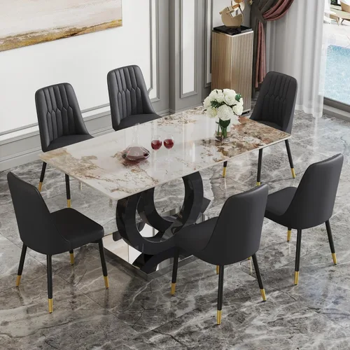 Miniatura 16 de Juego de mesa de comedor MUUOKY para 6, mesa de cocina y sillas para 6, superficie de mesa de piedra sinterizada con 6 sillas de comedor modernas