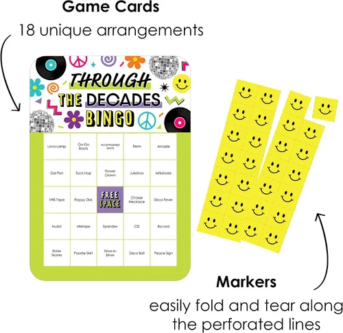 Miniatura 2 de Big Dot of Happiness A través de las décadas - Tarjetas de bingo y marcadores - Juego de bingo de fiesta de los años 50, 60, 70, 80 y 90 - Juego