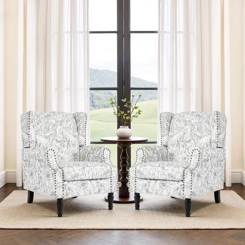 Miniatura 58 de Silla reclinable tapizada, sillón de ala floral con respaldo y reposapiés ajustables, cómoda silla decorativa para leer, sofá individual