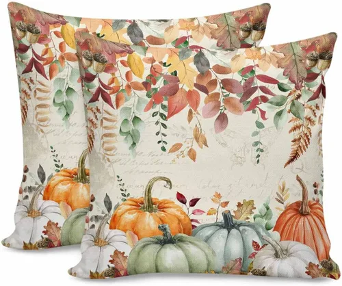 Paquete de 2 fundas de almohada de algodón otoñal, calabazas y hojas de acuarela, fundas de almohada retro de 16 x 16 pulgadas, cuadradas, suaves,