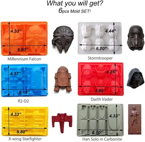 Miniatura 6 de Molde en forma de Star War, juego de 6 moldes flexibles de silicona para amantes de Star Wars, robots, decoración de pasteles de cumpleaños, moldes