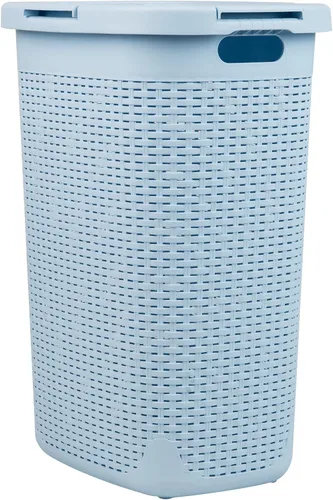 Miniatura 7 de Mind Reader Cesta de lavandería delgada con tapa, cesta de ropa de 60 L, diseño de mimbre premium, plástico, azul bebé