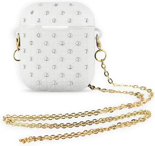 Funda compatible con AirPods Diamond Case con correa y cadena de silicona linda funda protectora de piel para Apple Airpod Case 2 y 1, color blanco