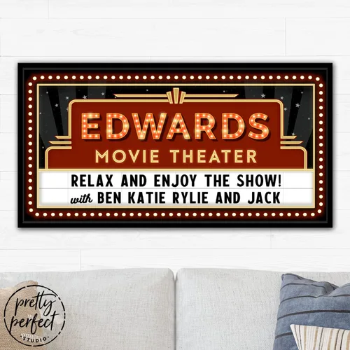 Miniatura 7 de Pretty Perfect Studio Letreros de cine personalizados para sala de cine en casa, arte de pared vintage, 10 x 20 pulgadas A. Teatro en casa familiar