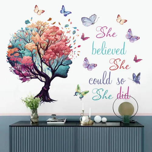 Miniatura 4 de Arte de pared con citas inspiradoras - Adhesivos de árbol y mariposa "She Believed She Could So She Did" para decoración de dormitorio y sala