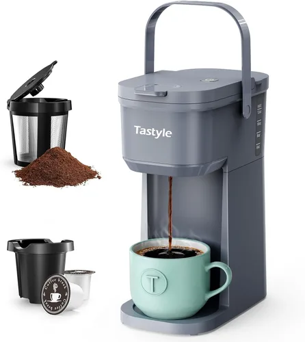 Tastyle Cafetera de Una Sola Porción para Una Taza, para Cápsulas K y Café Molido, Mini Cafetera con Asa Portátil, Tamaño de Preparación de 6 a 12