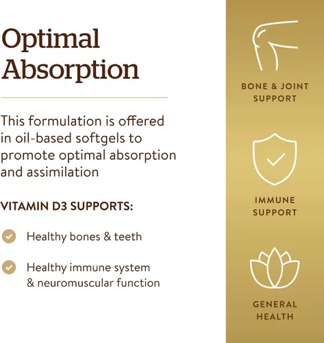 Miniatura 4 de Solgar - Vitamina D3 (colecalciferol) 125 MCG (5000 UI), 100 cápsulas blandas - Ayuda a mantener huesos y dientes sanos - Apoyo al sistema