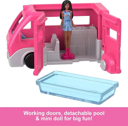 Miniatura 6 de Barbie Mini Conjuntos de Juego de BarbieLand con Vehículo de Juguete y Muñeca de 1.5 pulgadas, DreamCamper con Puertas Funcionales y Piscina que