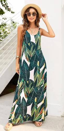 Miniatura 3 de Supnier - Vestido largo de verano para mujer, vestido flora, informal y bohemio con cuello en V, sin mangas, con tirantes delgados y bolsillos