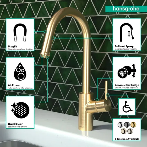 Miniatura 3 de hansgrohe Talis 14872251 - Grifo de cocina de arco alto dorado S² con rociador extraíble, grifo para fregadero de cocina, cabezal rociador