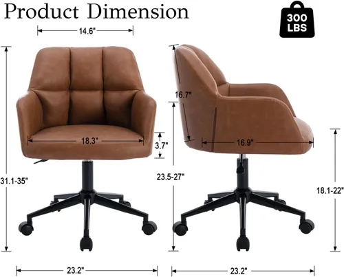 Miniatura 2 de Silla de escritorio de cuero marrón con respaldo medio, apoyabrazos, silla de oficina con soporte ajustable de altura, silla giratoria de 360°