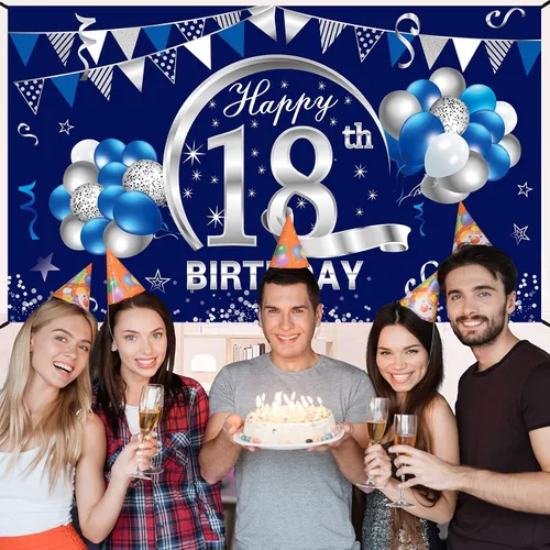 Miniatura 5 de Cartel de cumpleaños número 18 azul y plateado para hombres y niños, suministros de fiesta de telón de fondo de feliz cumpleaños de 18 años, póster
