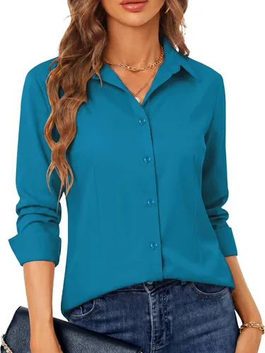 Miniatura 33 de BBIBBI Camisa de vestir elástica de manga larga con botones para mujer, blusa de trabajo casual de negocios (clásica, recortada y alta)