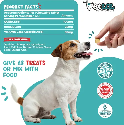 Miniatura 4 de Quercetina para perros con bromelina y vitamina C – Alivio de alergias de perros masticables para picazón en la piel, alergias estacionales y apoyo