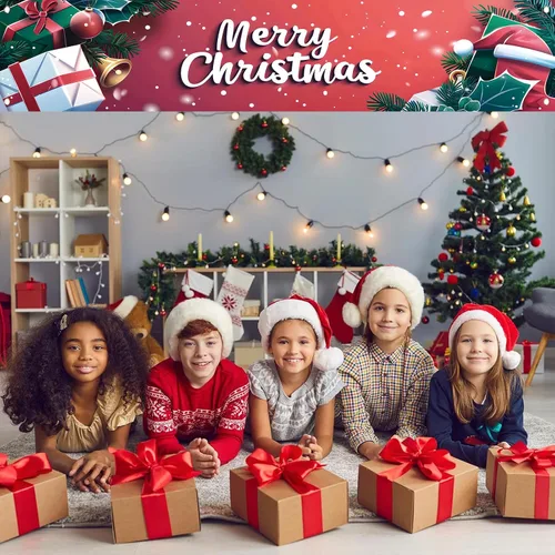 Miniatura 5 de Cartel de Navidad de 118 x 20 pulgadas, fondo rojo, cajas de regalo, campanas de acebo, sombrero de Papá Noel, decoración de pared, suministros