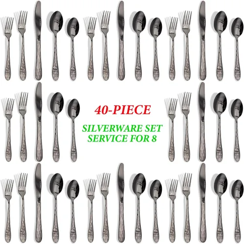 Miniatura 7 de Juego de cubiertos negros de 40 piezas para 8, cubiertos de acero inoxidable 18/10 para 8, elegante diseño de panal de abeja, incluye cuchillo