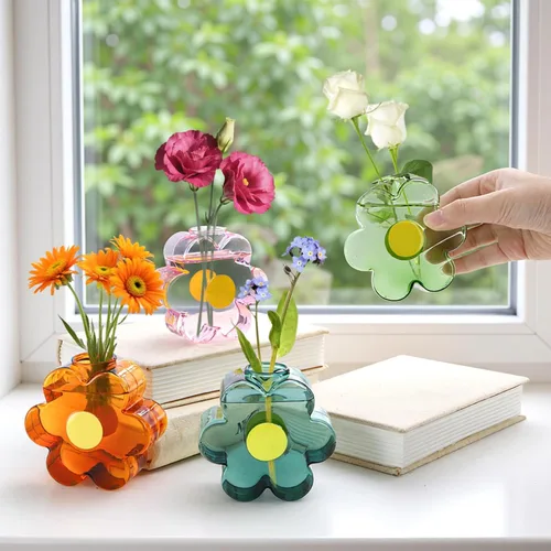 Miniatura 5 de Covzoe Paquete de 4 pequeños jarrones de cristal, coloridos jarrones únicos en forma de flores, bonitos jarrones de cristal para centros de mesa