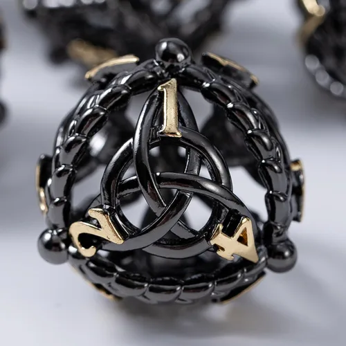 Miniatura 4 de Juego de dados de metal para DND – Diseño único de orbe hueco redondo para un mejor rodamiento – Hermoso juego de nudos celtas para juegos de rol