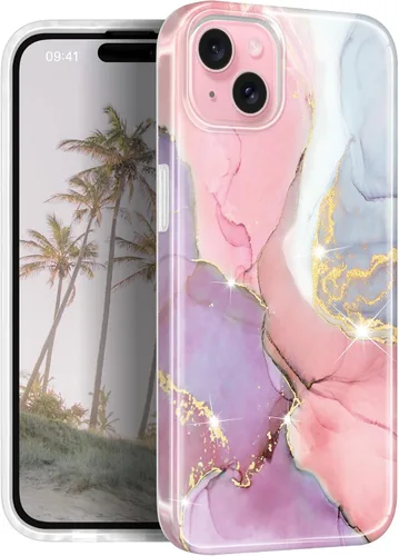 Miniatura 8 de Funda compatible con iPhone 15, diseño de mármol con purpurina dorada, a prueba de golpes, delgada, suave, funda de silicona TPU de 6.1 pulgadas