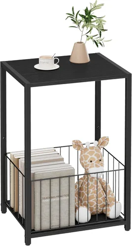 Miniatura 18 de Homleke Juego de 2 mesas laterales estrechas con soporte para revistas, mesas auxiliares delgadas perfectas para espacios pequeños, diseño que Negro