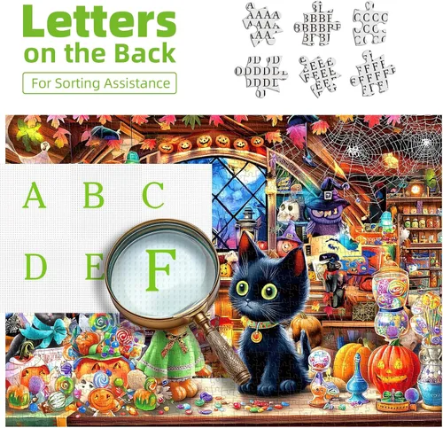 Miniatura 3 de Rompecabezas de Halloween para adultos, 1000 piezas, rompecabezas de tienda mágica de gatos y brujas con letras en la parte posterior con caramelo