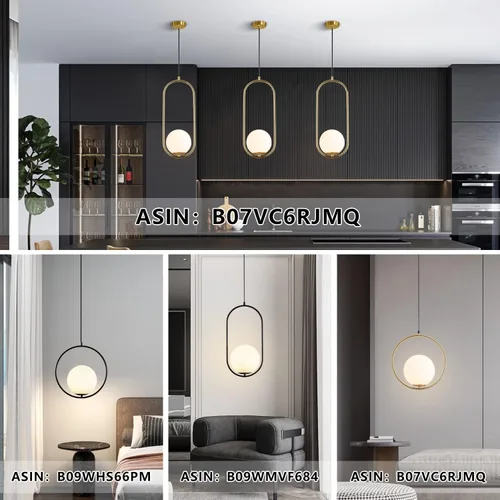 Miniatura 7 de KCO Moderna lámpara colgante de globo de vidrio de 1 luz, lámpara colgante dorada y blanca, iluminación colgante minimalista de latón cepillado