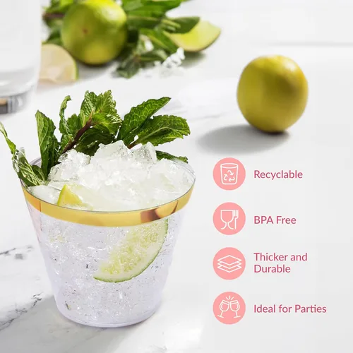 Miniatura 5 de Prestee Paquete de 100 vasos de plástico desechables con borde dorado de 9 onzas para embutidos, bodas, fiestas y eventos, elegantes tazas de cóctel