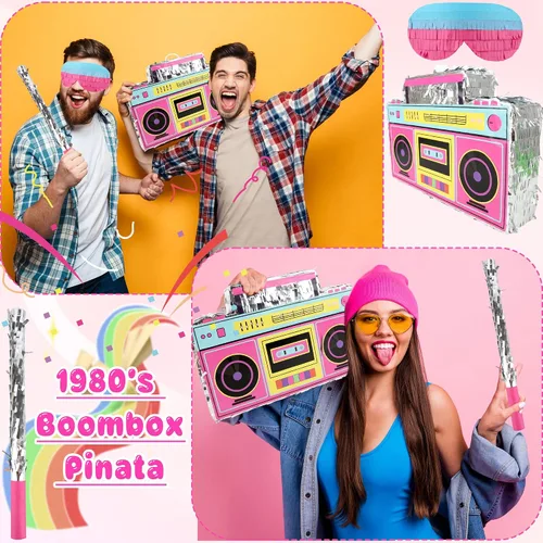 Miniatura 4 de El juego de radio Boombox de los años 80 y 90 incluye boombox para piñata y palo de murciélago, confeti de colores para adultos y niños, 80 y 90