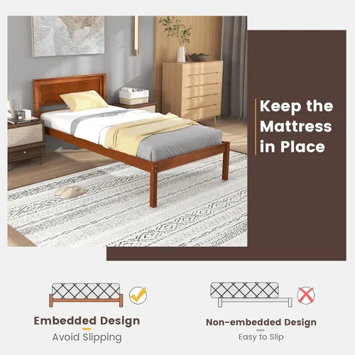 Miniatura 5 de KOMFOTT Marco de Cama de Madera Tamaño Twin con Cabecero, Marco de Cama de Madera Maciza con Soporte de Listones, Almacenamiento Debajo de la Cama