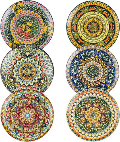 Miniatura 8 de Henten Home Juego de 6 platos de postre de cerámica, platos de ensalada de porcelana de 8.5 pulgadas, coloridos platos de estilo bohemio
