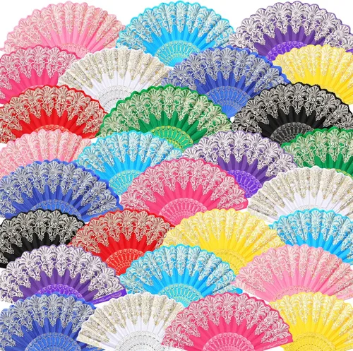 Miniatura 11 de Geetery 50 abanicos de mano plegables a granel para mujeres, abanicos plegables chinos decorativos de mano con diferentes patrones de flores
