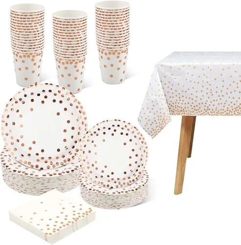 Miniatura 8 de hapray 201 platos de papel desechables dorados, suministros de fiesta, lunares dorados, decoraciones de cumpleaños y bautismo, incluye platos