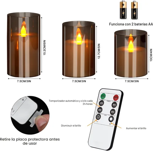 Miniatura 6 de Wemarry - Juego de 3 velas LED sin llama con control remoto, funcionamiento a pilas, pilares acrílicos grises de 4, 5 y 6 pulgadas de alto x 3