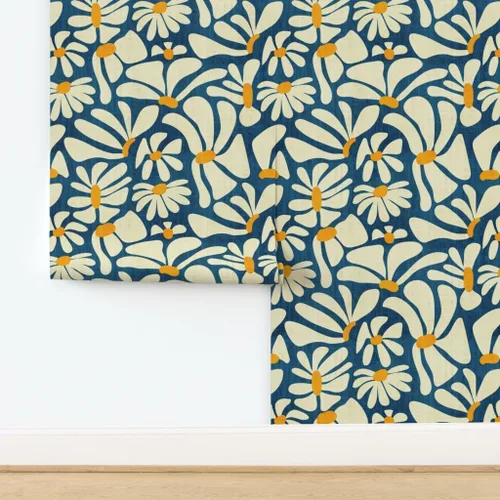 Miniatura 4 de Spoonflower Despegar y pegar papel tapiz Swatch - Retro Daisy Flower Power Blue Floral Vintage Groovy 70S 60S Papel pintado extraíble personalizado
